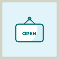 A Minimalist Icon of an Open Sign with Bold Teal Frame and Lettering on Light Background