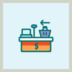 Icon representing checkout process with shopping basket and dollar symbol at cashier