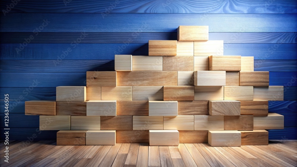 Poster a wall of stacked wooden blocks against a blue wooden backdrop, creating a unique and textured patte