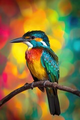 Fototapeta premium A blue, yellow and orange hummingbird perched on a branch with blurred rainbow colors in the background.