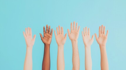 Obraz premium Unity in Diversity, a gathering of diverse hands uplifted towards the sky symbolizing hope, equality, and the collective aspiration for a brighter future.