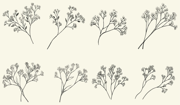 Limonium and baby's breath plant logo with elegant monogram and hand-drawn leaves for wedding save the date and invitation card