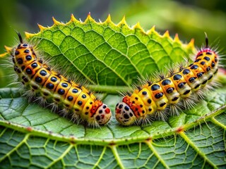 Fototapeta premium Close-Up: Caterpillars of Winter Moth (Operophtera brumata) on Leaf