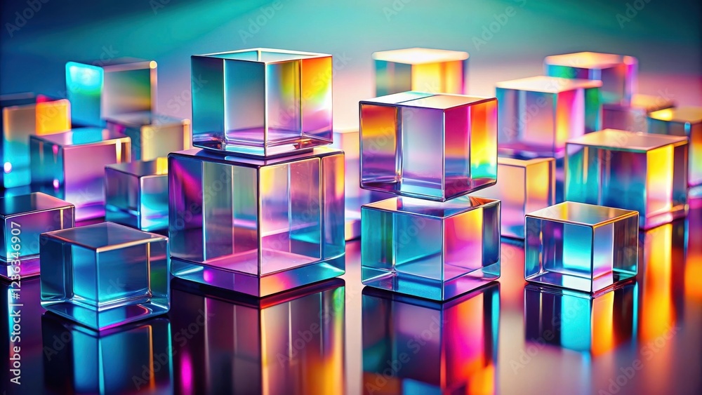 Poster a vibrant composition of iridescent glass cubes, arranged in a dynamic pattern and reflecting a spec