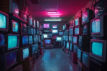 Retro tvs showing static noise in dark neon room