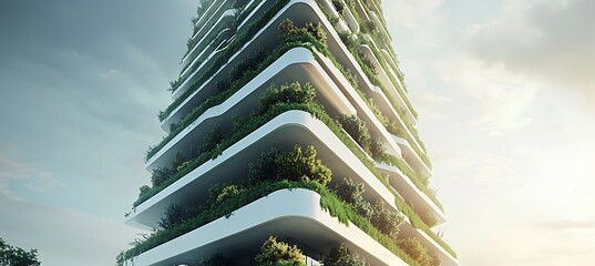 A green office building with a vertical garden and rainwater collection system, showcasing the future of sustainable design 