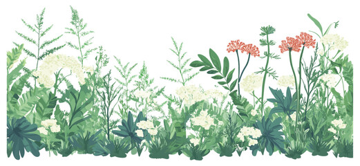 Beautiful panoramic seamless vector illustration of a meadow, featuring a mix of vibrant flowers and diverse forest plants in a serene landscape.