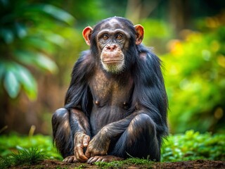 Obraz premium Close-up of a Chimpanzee Sitting on the Ground with Copyspace