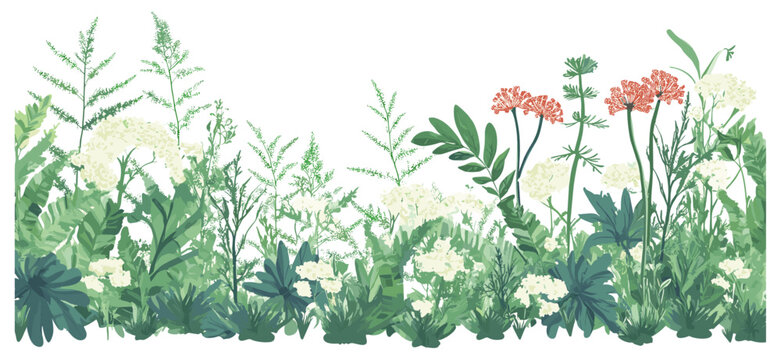 Beautiful panoramic seamless vector illustration of a meadow, featuring a mix of vibrant flowers and diverse forest plants in a serene landscape.