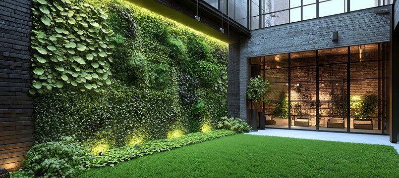 A green office building with a vertical garden and rainwater collection system, showcasing the future of sustainable design 