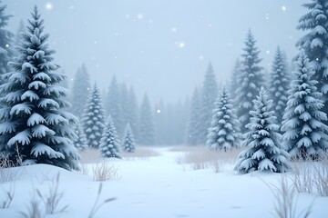 Fototapeta premium Snowy forest landscape with evergreen trees in winter wonderland