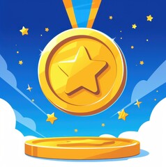 Naklejka premium Golden Award Medal with Star Design Falling onto a Podium Achievement Success Victory