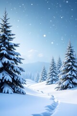 Snowy pine forest landscape with fresh snowfall under clear blue sky