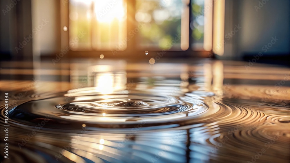 Fototapete Golden ripples of light created by a water drop on a smooth surface, illuminated by the warmth of a nearby window