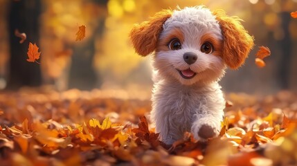 Cute little poodle puppy in autumn leaves on a sunny day