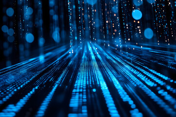 Blue digital binary data on computer screen background