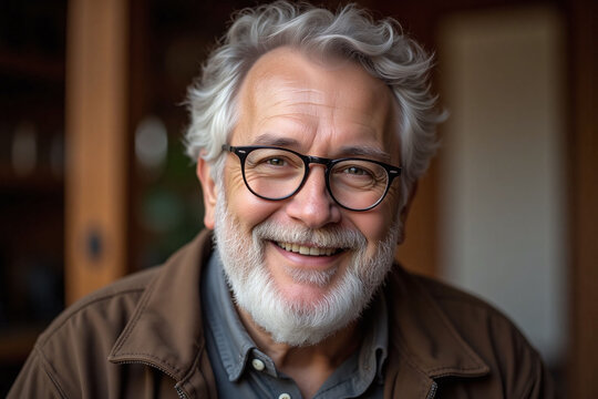 older man with white beard and gray hair wearing brown jacket