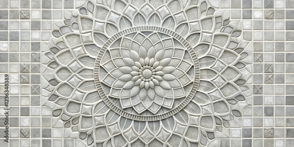 Poster A Decorative Tile Wall Mural Featuring a Circular Intricate Flower Design with Multiple Layers of Petals and Geometric Shapes