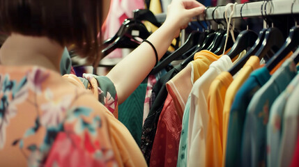 Fototapeta premium Fashion Consultant Curating Outfit on Hangers for Client's Style and Palette, Shopping and Design Concept