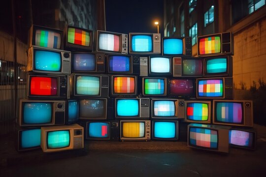 Stack of vintage televisions displaying colorful test patterns at night - Powered by Adobe