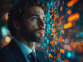Confident CEO Standing Amid Digital Network Symbolizing Global Connections