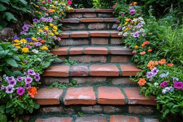 Brick staircase winding through lush garden blooming with colorful flowers