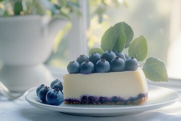 A slice of fresh blueberry cheesecake, served on a white plate with a view of the outdoors.