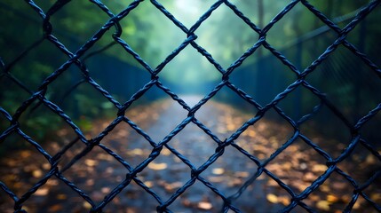 A fence with a chain link pattern is shown in a forest