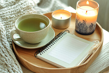 Cozy Morning Ritual with Green Tea, Candles, and Journal for Relaxation and Mindfulness