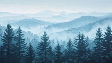 Obraz premium A peaceful dawn scene with dense pine trees shrouded in layers of blue mist. 