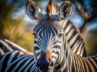 Naklejka premium Close-up Portrait of a Zebra's Head, Striking Black and White Stripes, Wildlife Photography