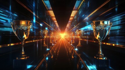 An abstract representation of virtual trophies arranged in a digital art gallery, Virtual trophy showcase scene, Abstract style
