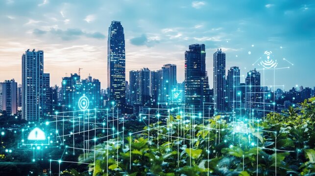 Futuristic city skyline with network connection overlay representing smart technology