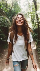 Naklejka premium Happy woman walking through a lush forest trail, embodying joy and adventure