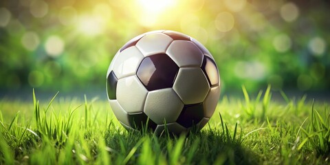 Fototapeta premium AI-generated image: A soccer ball rests on vibrant green grass, black and white patterns composing a rule of thirds scene.