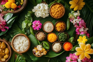 Traditional balinese dishes served on banana leaf with colorful flowers