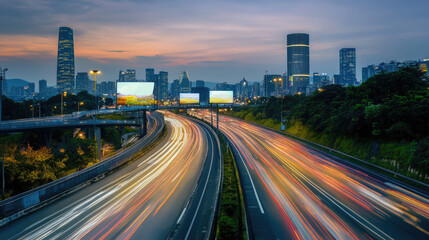 Obraz premium Busy city road junction time lapse. Cars drive fast along urban road, hurry home after work timelapse. Modern town with skyscrapers. High speed traffic highway. Aerial drone top view from above.