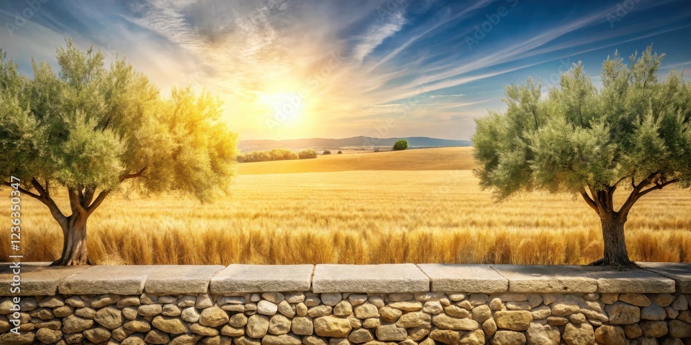 Poster a rustic stone wall overlooking a golden wheat field with two olive trees standing tall against the 