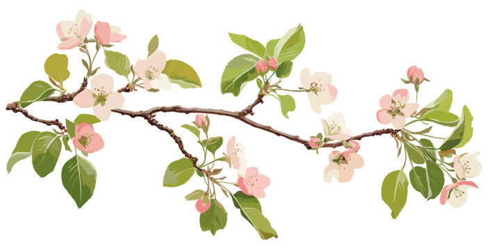 Pink flowers and green leaves on a vintage crabapple branch, perfect for adding charm to your festive design projects