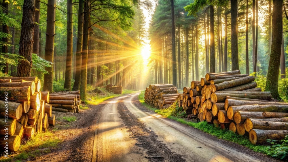 Poster a winding forest path bathed in golden sunlight, with stacks of logs lining the way, showcasing the 
