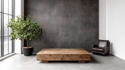 Rustic wooden coffee table in modern loft interior