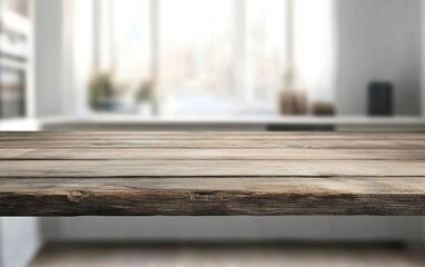 Empty wooden table top with a blurred white kitchen interior background, a product display, and a template for design. This is a stock photo 