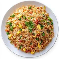 Colorful Vegetarian Fried Rice with Green Peas, Carrots, and Fresh Cilantro Garnish on a White Plate