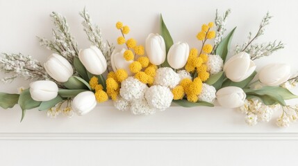 Obraz premium Elegant arrangement of white tulips and yellow flowers on a light background