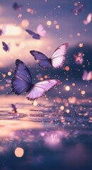 Purple butterflies flying in the air, the background is a sparkling body of water and a purple sky