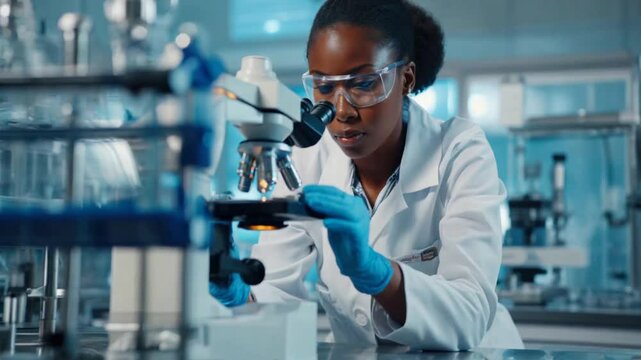 Medical science laboratory with African American scientist adjusting microscope and leaning to look in, black woman using microscope with protective glasses.