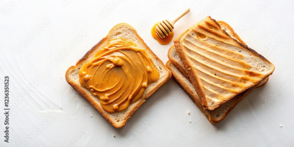 Poster Two Slices of Toast With Peanut Butter and Honey on a White Surface