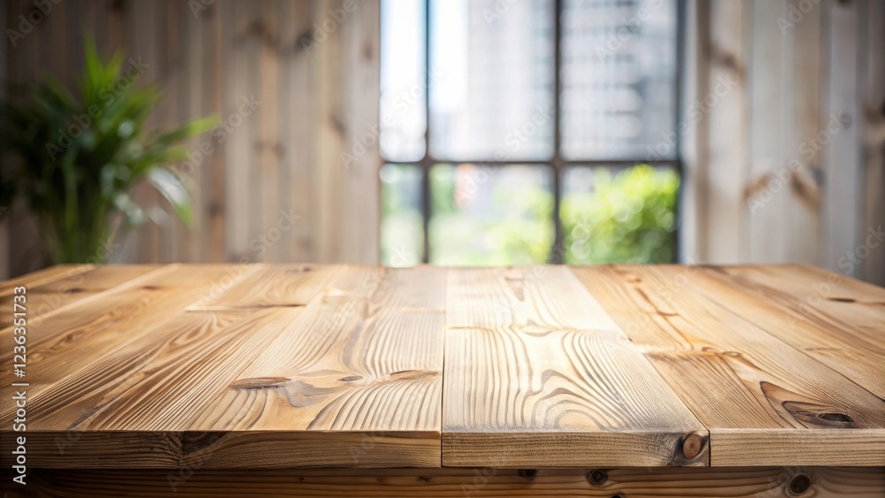 Poster close-up of a wooden tabletop with a blurred background of a window and a plant