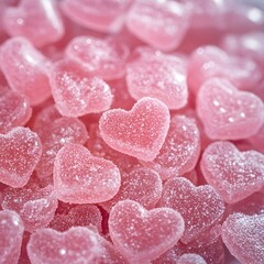 Pink Heart-Shaped Sugar-Coated Gummy Candies Close-Up
