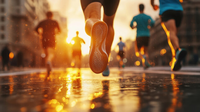 Dynamic runners crossing wet street at sunset, showcasing determination and energy. vibrant colors and reflections create inspiring atmosphere